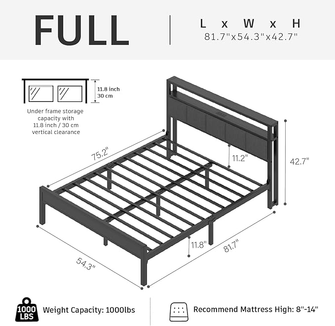 Full Size Bed Frame with LED Lights and Charging Station Wood Storage Headboard with 2-Tier Shelves Heavy Duty Metal Slats No Box Spring Need Noise Free Easy Assembly Light Grey