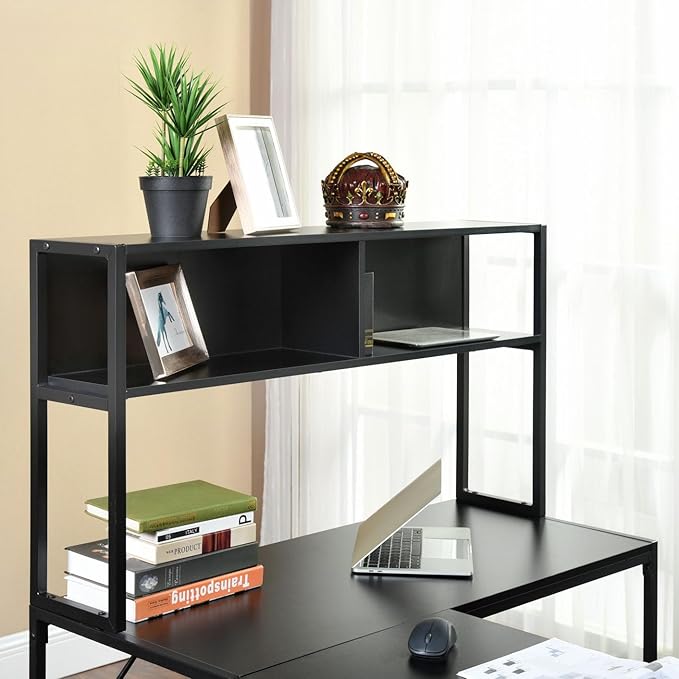 Industrial L-Shaped Desk with Hutch Reversible Corner Computer Desk with Storage Shelves Home Office Study Writing Desk Computer Workstation with Storage Bookshelf Black