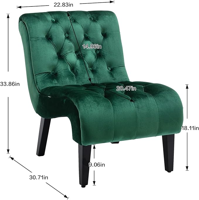 Velvet Accent Lounge Chair for Living Room Modern Leisure Chair with Tufted Backrest Indoor Armless Side Chair Upholstered Bedroom Sleeper Chair with Solid Wood Legs (Green)