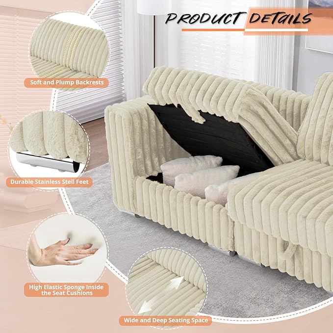 72 U-Shape Corduroy Sofa with 2 Movable Ottomans Upholstered Seational Sofa with Stable Feet Deeper 2 Seats Couch with Thickened Seat Cushions for Living Room Bedroom Office Beige