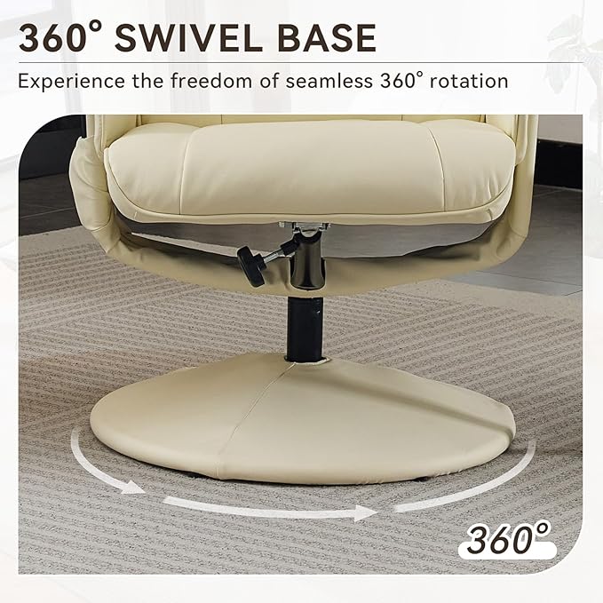 Ergonomic Recliner Chair with Ottoman for Adults 360° Swivel Massage Lounge Chair with 5-Point Vibration &amp Heated Seat140° Adjustable PU Leather Recliner for Living Room Office (Beige+PU)
