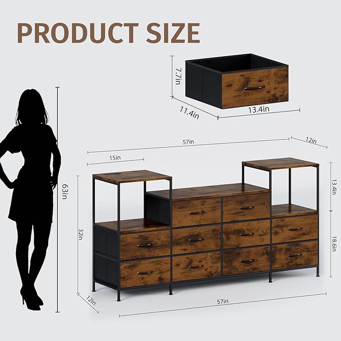 TV Stand for 50 inch TV with Charging Stantion &amp LED Light Entertainment Center with 10 Fabric Drawers Media Console Table with Open Storage Shelves for Living Room