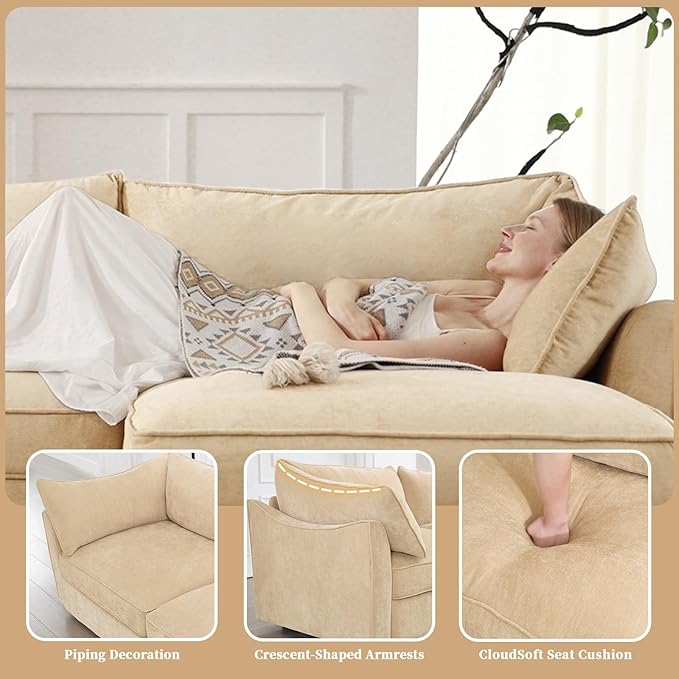 Rovibek 112” L Shaped Couch with Storage Chenille Sofas for Living Room Sectional Couch with Pull Out Drawer &amp Throw Pillows &amp Storage Ottoman Wheat