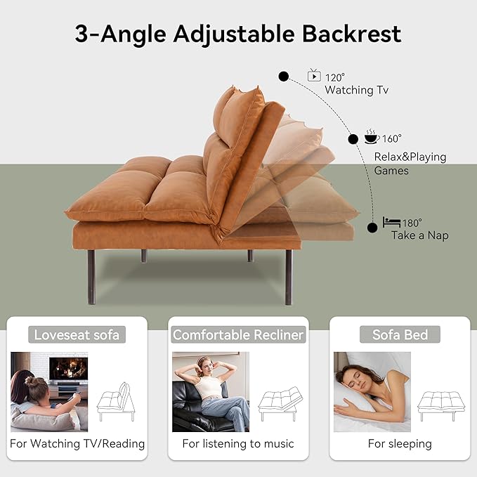 Memory Foam Futon Sofa BedFaux Leather Futon CouchConvertible Armless FutonsSmall Splitback Loveseat Sleeper Sofa Bed for Living RoomOfficeApartmentMedium Brown
