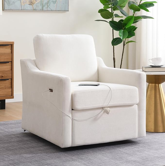 30 White Oversized Swivel Barrel Accent Chair with USB Charging &amp Under-Seat Storage360° Rotating Comfy Reading Arm Chair with Chenille Upholstered for NurseryLiving Room &amp Office(White)