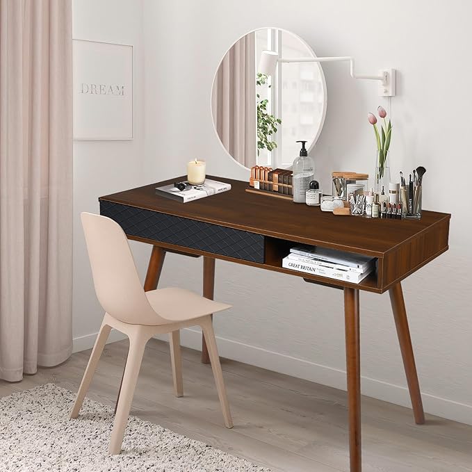GAOMON Modern Simple Home Office Desk Mid Century Modern Computer Writing Desk with Drawer Solid Wood Legs and Open Storage Cubby Small Vanity Table Desk for Bedroom (Walnut)