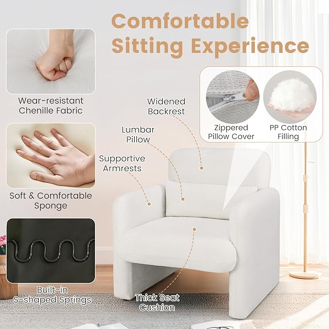 KOMFOTT Chenille Accent Chair Set of 2 Modern Upholstered Armchair with Removable Lumbar Pillow Widened Backrest &amp Thick Seat Cushion Comfy Single Sofa Chair for Living Room Bedroom White