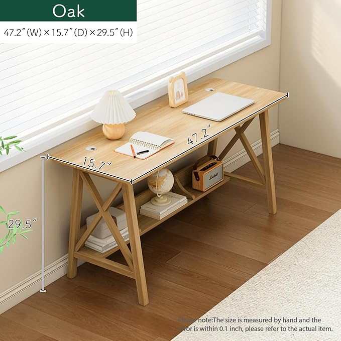 Extra Long Desk with Bookshelf - Wooden Home Office Work Study Table Writing Computer Workstation with Storage Shelf in Oak 47 Wx16 Dx30 H