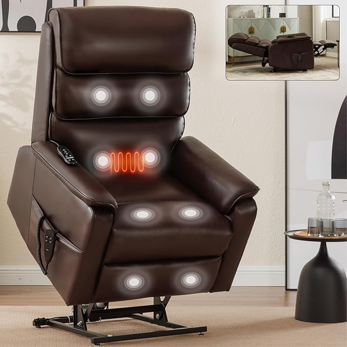 Manual Rocker Swivel Recliner Chair with Vibration Massage Lumbar Heat Rivet Design Faux Leather Brown Single Sofa for Living Room (34.64 Brown)