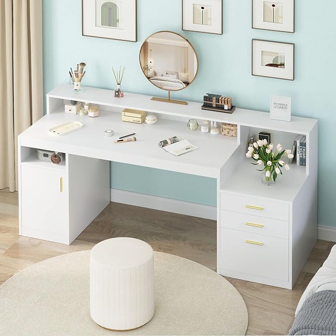 Computer Desk with 3 Drawer &amp Storage Shelves Home Office Desk with File Drawer &amp Cabinet Writing Study Table with Long Monitor Stand &amp Printer Shelf Executive Desk White