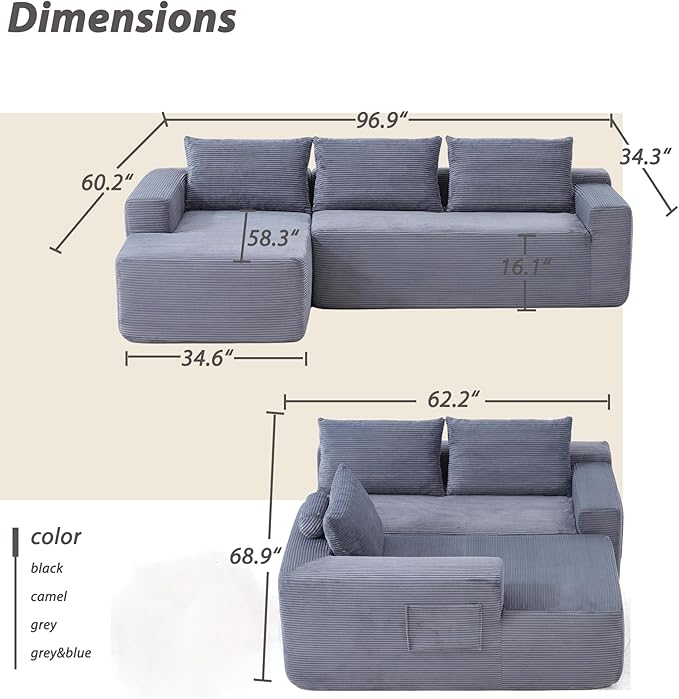 Sectional Couch with L-Shape Chaise 96 Modular Sectional Sofa with Deep Seat Modern Corduroy Couch Lazy Compression Sofa for Living Room No Assembly Required Left Facing Chaise Blue&ampGrey