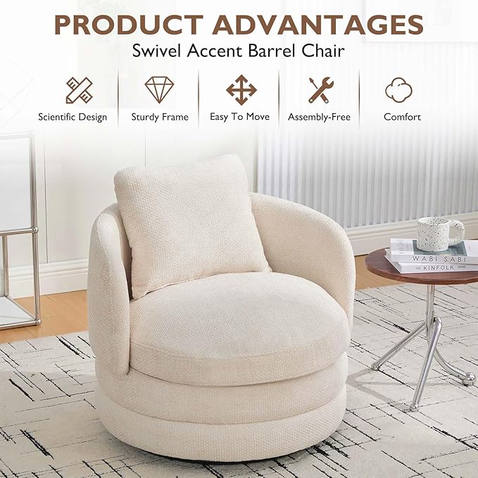 Swivel Accent Chairs 360° Round Swivel Barrel Chair with Pillow for Reading Room Bedroom Beige Chenille Armchair Single Club Chair for Living Room (Beige)