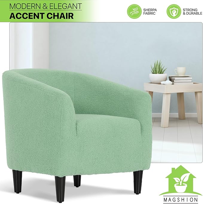 Magshion Barrel Chair Modern Sherpa Armchair Boucle Fabric Accent Chair with Cozy Soft Padded Single Sofa Chair for Living Room Bedroom Office Waiting Room 300lbs Capacity Green
