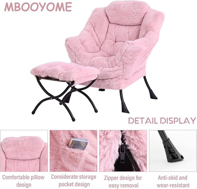 Lazy Chair with Folding Ottoman Modern Accent Lounge Armchair with Armrests and a Side Pocket &amp Foldable Footstool Leisure Reading Chair for Living Room Bedroom Dorm &amp Office Plush Pink