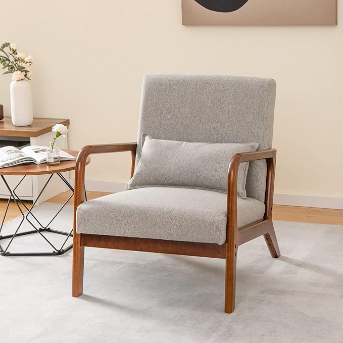 Giantex Modern Accent Chair with Pillow - Comfy Upholstered Lounge Armchair with Anti-Slip Felt Pads Wooden Frame Soft Padded Arm Chairs for Living Room Bedroom Study Grey