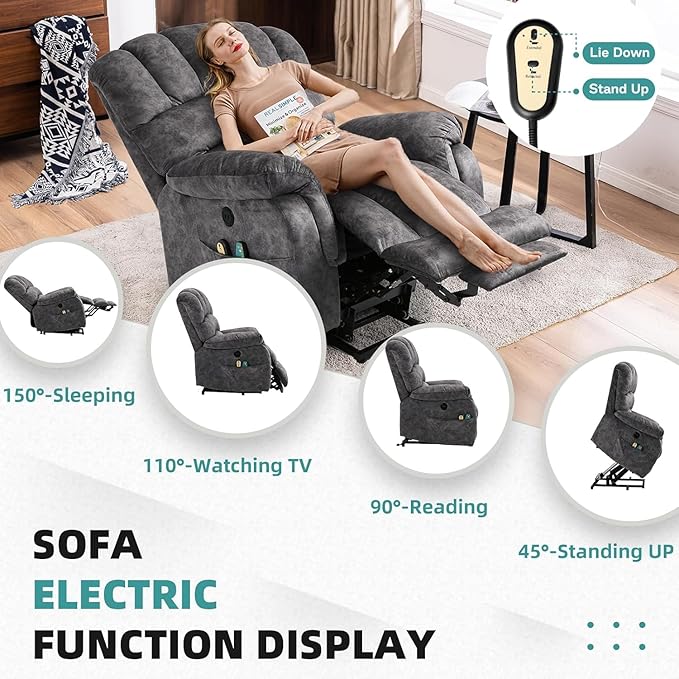 MEETWARM Large Power Lift Electric Recliner Chair with Extended Footrest for Elderly Big and Tall Lift Chair for Seniors Reclining Chair with Vibration Massage and Heated USB Ports(Plush-Grey)