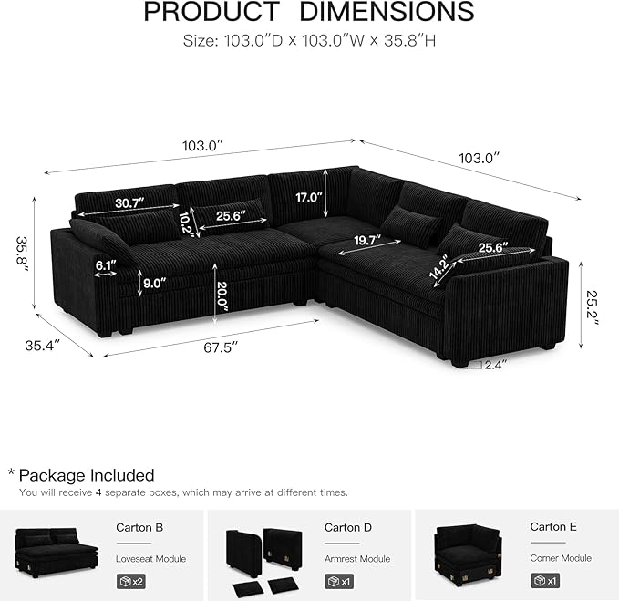 Belffin Large Modular Sectional Sofa with Double 61 Loveseat Corduroy Corner Couch with 9 Soft Dual-Layer Seats Cushion for Living Room Apartment Small Sapce Black