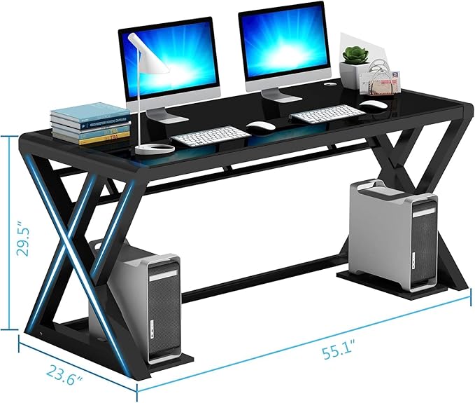 NA Glass Computer Desk with Metal Frame Home Office Desks Computer Table Modern Simple Office Study Gaming Work Writing Desk Table for Home Office Black (X-Shape-55.1inch)