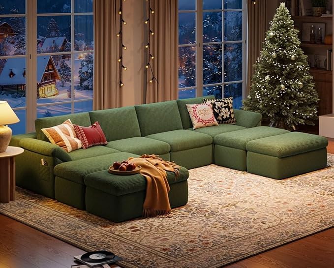 LINSY HOME 139 Modular Couch Modern Boneless Cloud Couch U Shaped Sofa with Movable Ottomans Deep Seat Corduroy Sectional Couches for Living Room Apartment No Assembly Required Green