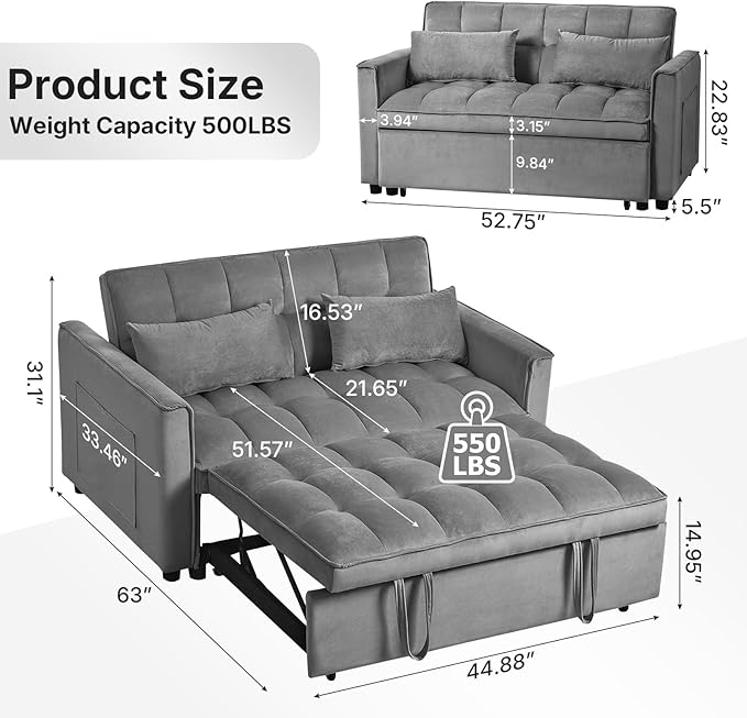 Rovibek 3 in 1 Sleeper Sofa Bed 53'' Pull Out Couch Convertible Futon Loveseat with Adjustable Backrest Velvet Sleeper Chaise Lounge Futon for Apartment Office Small Space Dark Grey