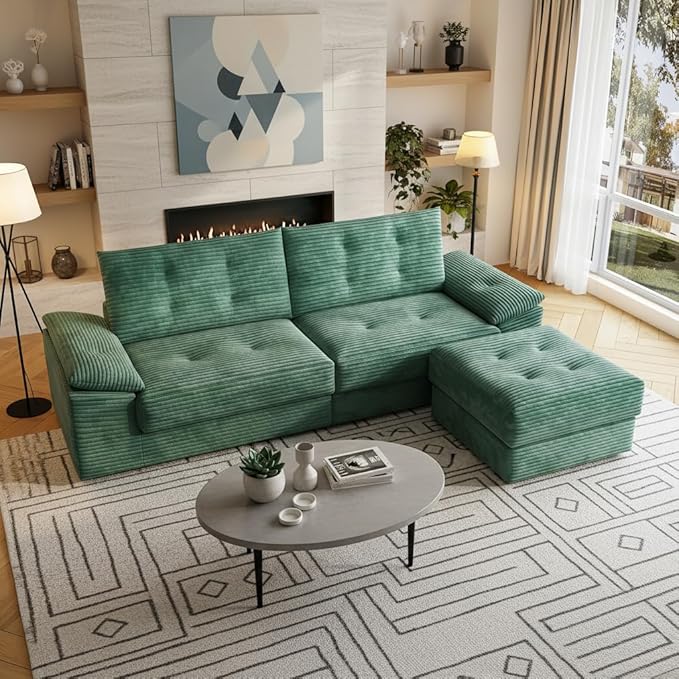 109.5 Loveseat Sofa with Ottoman Corduroy L Shape 3 Seater Couch Modular Sectional Couch for Living Room Small Spaces Apartment No Assembly Required Green
