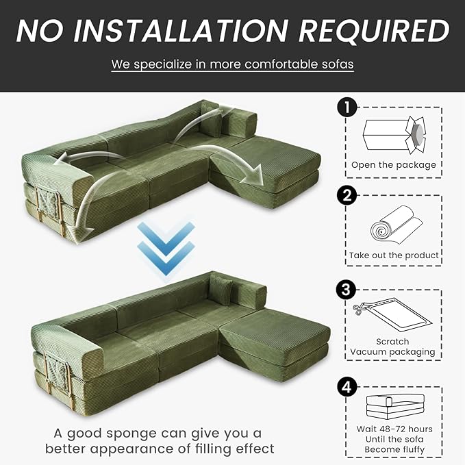 Convertible Sleeper Sofa Bed Corduroy Upholstered Green Modular Floor Couch Queen/King Size Foldable Futon with Memory Foam for Apartment Living Room Bedroom (Green 108 Sofa) | Convertible sofa bed