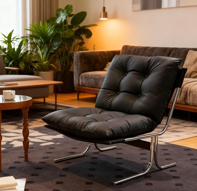 Modern PU Leather Living Room Chair-High Back Ergonomic Lounge Chair with Soft Padded Seat &amp Sturdy Metal Legs Mid-Century Stylish Living Room Reading Chair for Office Bedroom(Black + Faux Leath