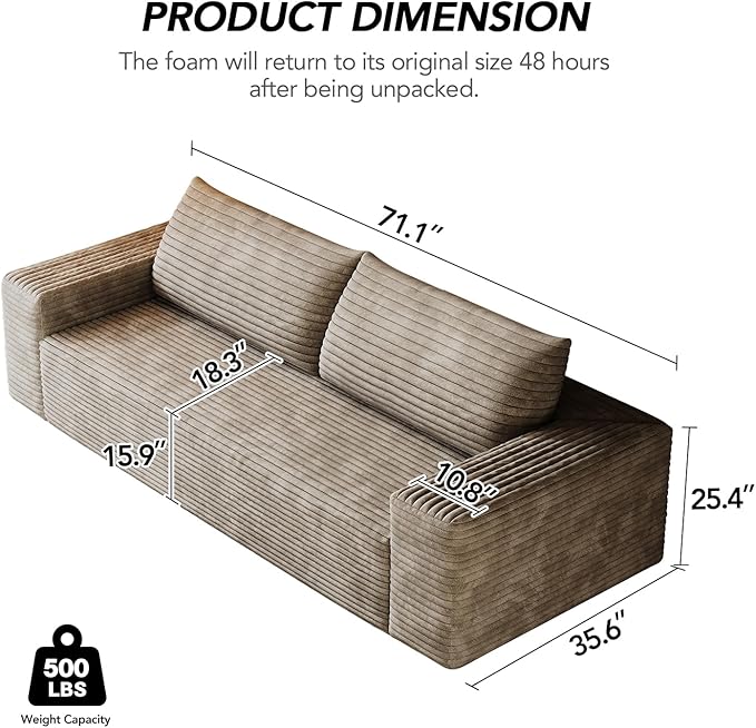 71 Small Space Boneless Modular Couch with Corduroy Memory Foam Deep Seat - Cloud - Comfy No Assembly Required Sofa for Living Room Bedroom &amp Apartment (Camel 71 inch)
