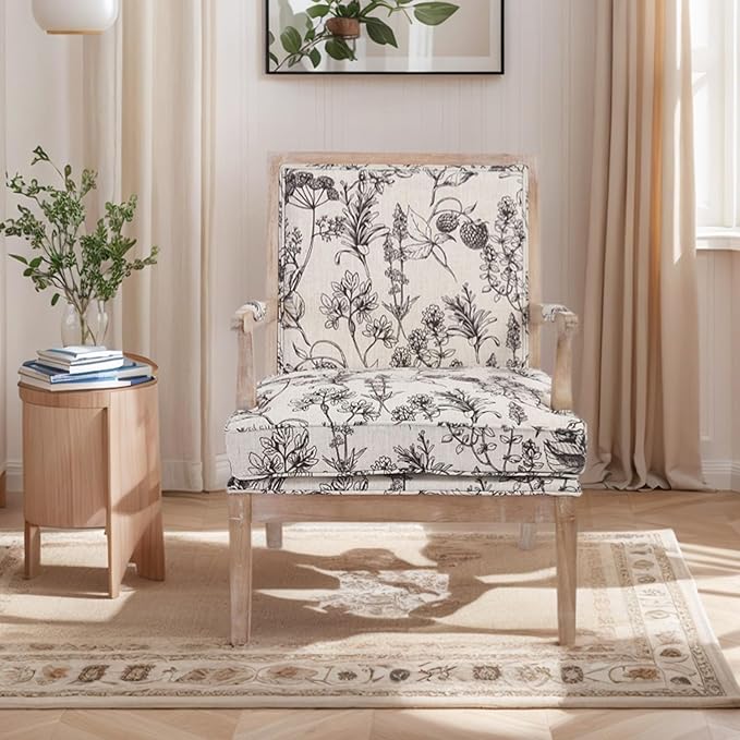 Modern Farmhouse Accent Chair Wide Linen Upholstered Living Room Chair with Armrest Pads Coastal French Country Wooden Armchair for Bedroom Guest Room Floral Pattern