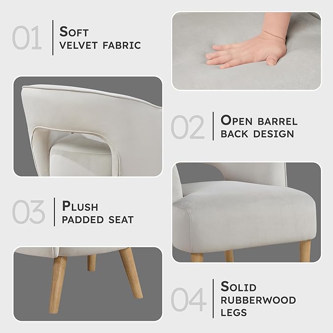 Lexicon Accent Arm Chair Modern Comfy Velvet Accent Chair Open Back with Solid Wood Legs for Living Room/Bedroom/Office/Waiting Room Gray
