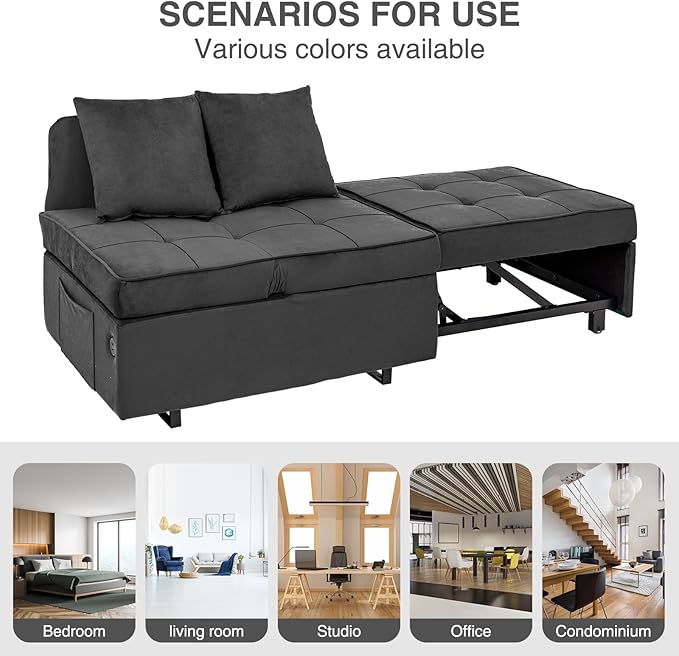 Sofa Bed 4-in-1 Convertible pull out Couch Velvet Love seat Couch Sleeper Chair Bed with 2 Throw Pillow Single Recliner with 5 Adjustable Backrests for Living Room Apartment Small Space Dark Grey