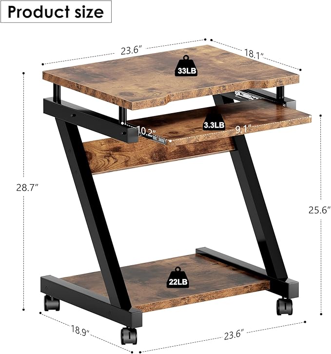 sogesfurniture Retro Computer Desk Small Mobile Workstation with Keyboard Tray Printer Shelf &amp Storage 23.6x18.9x28.7 inches Engineered Wood for Home and Office