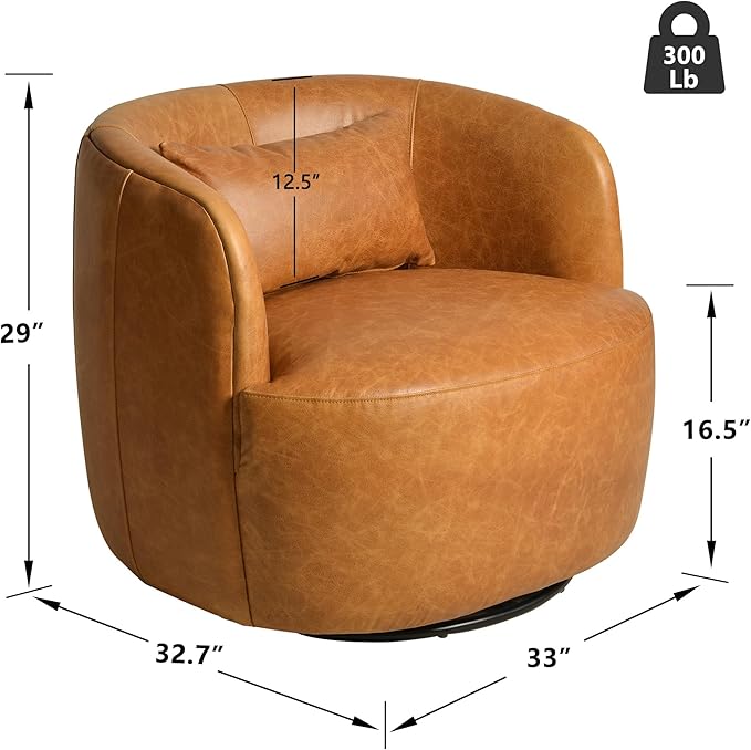 KINWELL 33'' W 100% Top Grain Genuine Leather Swivel Barrel Armchair No Assembly Round Upholstered Leather Swivel Accent Chairs with Toss Pillow for Living Room Office Lounge Camel