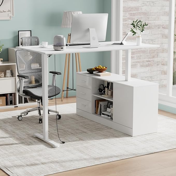 63 L Shaped Electric Standing Desk with File Cabinet Height Adjustable Stand up Desk with Drawers and Shelves Home Office Computer Gaming Table White
