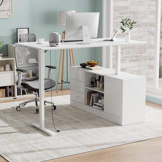 63 L Shaped Electric Standing Desk with File Cabinet Height Adjustable Stand up Desk with Drawers and Shelves Home Office Computer Gaming Table White