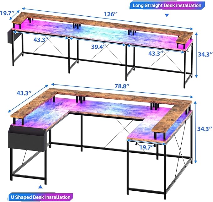 GAOMON U Shaped Home Office DeskReversible l Shaped Gaming Computer Desk with Power Outlets LED StripStorage ShelvesStorage Bag and Hooks for Home OfficeTabby Pattern