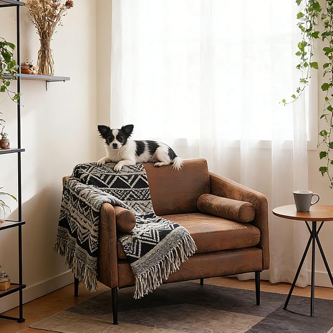 Karl home Mid-Century Club Chair 38.2 Living Room Sofa Oversized Bronzing Cloth Upholstered Accent Chair with Metal Legs for Living Room Bedroom Balcony Apartment Office Brown