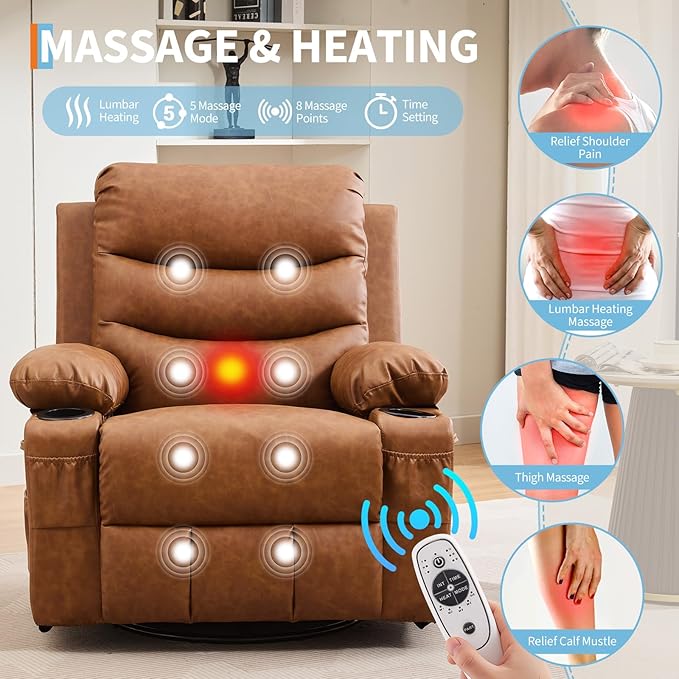 IDEALHOUSE Rocker Recliner Chair with Massage and Heat Swivel Reclining Sofa with Cup Holder Side Pockets Front Pockets Rocking Chair for Living Room Bedroom Nursery (Brown PU Leather)