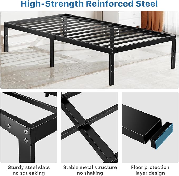 OLIXIS Metal Twin Bed Frame - 14in High with Storage Space No Box Spring Needed with Sturdy Steel Slat Support 800LBS Heavy Duty for Easy Assembly Black for Bedroom