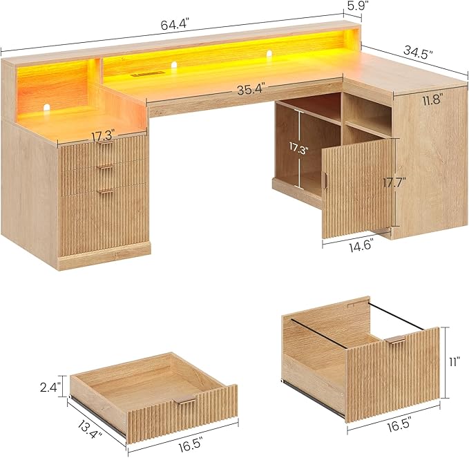 64 L Shaped Computer Desk with File Storage Home Office Desk with LED Lights Executive Desk with CPU &amp Printer Stand Outlets for PC Heightened Monitor Stand Adjustable Shelf Home Office