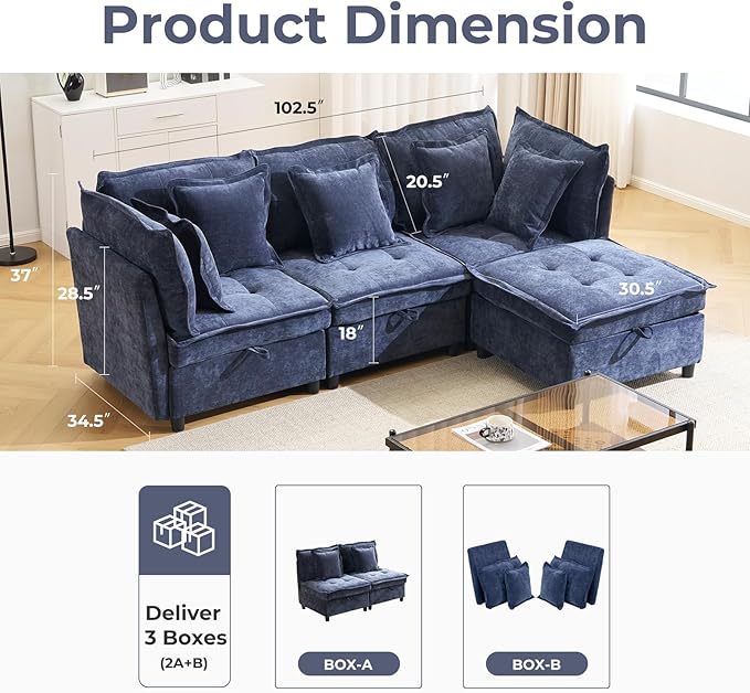 103 Modular Sectional Sofa L-Shaped Corduroy Comfy Sectional Couches for Living Room 3-Seater Cloud Couches with 1 Ottoman Modern Deep Seat Sofa with Large Storage Blue