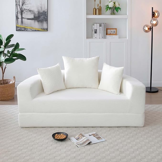 67-inch Convertible Futon Sofa Bed Round Folding Comfy Corduroy Upholstered Couch Bed with 3 Pillows Boneless Floor Lazy Loveseat Sofa for Living Room Apartment Small Spaces Pinstripe Beige