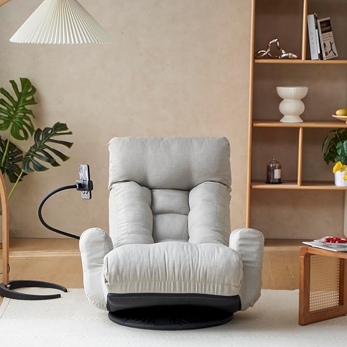 Gwen Upholstered 360° Swivel Chair Lounge Chair with Adjustable Backrest/Headrest Metal Frame Living Room Lounge Sofa and Phone Holder Comfy Bean Bag Chair Gray