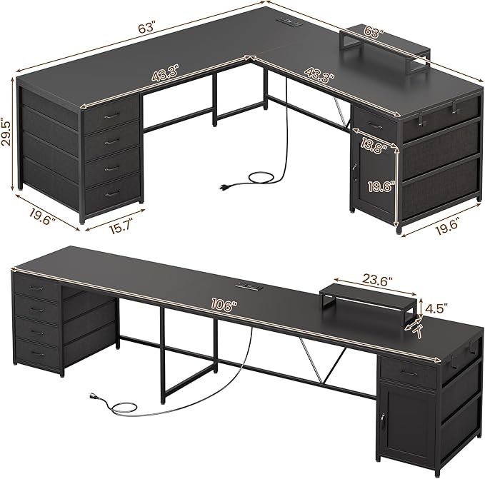 Sedeta SEDETA L Shaped Desk 63'' Computer Desk with 5 Drawer &amp Power OutletLong Home Office Desk or Corner Desk L Shaped Corner Desk with Monitor Shelf Storage Cabinet Black