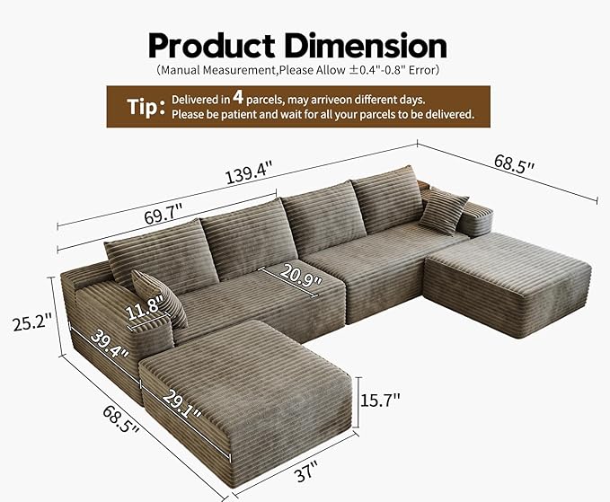 139.4 Modular Sectional Sofa U-Shaped Minimalist Couches with 2 Ottomans Chaise Modern Deep Seat Convertible Sleeper Sofa BedCloud Plush Corduroy Fabric No Assembly Required 6 Seater Camel