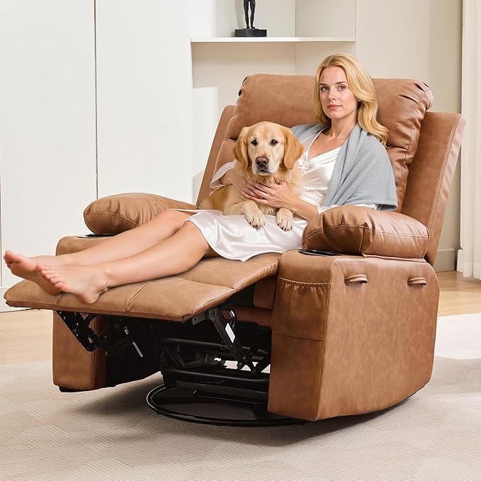 Oversized Swivel Rocker Recliner Chair with Massage &amp Heat 360° Glider with Cup Holders &amp Side Pockets Ergonomic Lounge Sofa for Adults Supports 400 Lbs Perfect for Living Room RV Nurser
