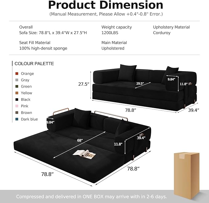 MoonSpeak 78.8''Sleeper Couch Bed for LivingroomConvertible Modular Sofa with Armrest PillowModular Foldable Corduroy Couches in a BoxNo Assembly (Black)