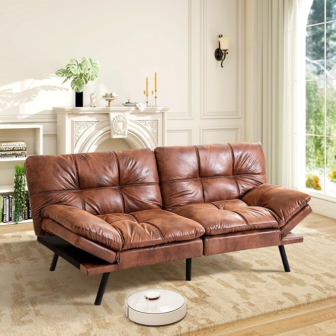 MUUEGM Brown Futon Sofa Bed Leather Memory Foam Modern Office Couch Sleeper Bed Convertible Love seat Sofa for Small SpacesApartmentOffice with Adjustable Armrest Backrest