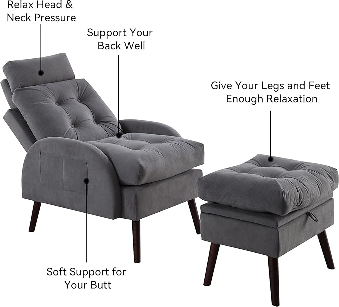 Chair with Ottoman SetAccent Chair with Ottoman Storage and Adjustable BackrestComfy Reading Lazy Lounge Chair and Ottoman with Side Pocket for Living RoomBedroomVelvet Dark Grey