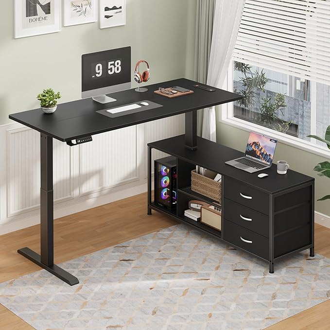 L Shaped Electric Standing Desk with Drawers &amp Shelves Height Adjustable Corner Computer Desk with Power Outlets 55 Inch Sit Stand Executive Desk with Storage for Home Office Black